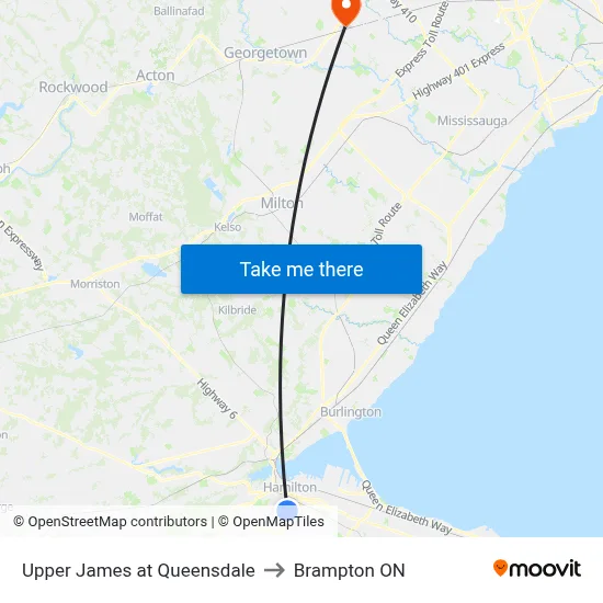 Upper James at Queensdale to Brampton ON map