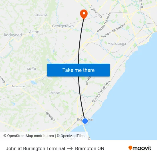 John at Burlington Terminal to Brampton ON map