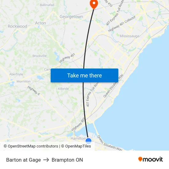 Barton at Gage to Brampton ON map