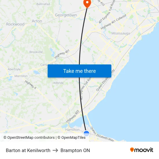 Barton at Kenilworth to Brampton ON map