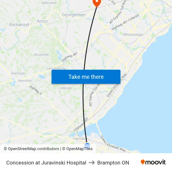 Concession at Juravinski Hospital to Brampton ON map