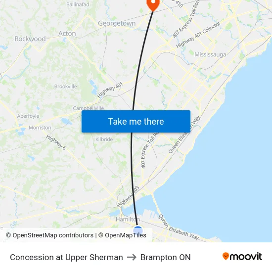 Concession at Upper Sherman to Brampton ON map