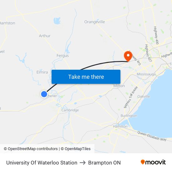University Of Waterloo Station to Brampton ON map
