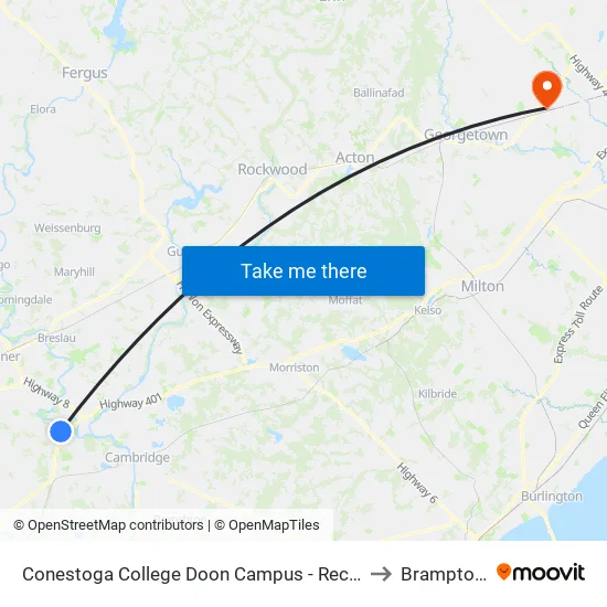 Conestoga College Doon Campus - Recreation Centre to Brampton ON map