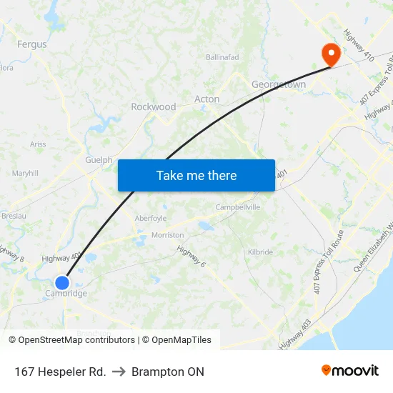 167 Hespeler Rd. to Brampton ON map