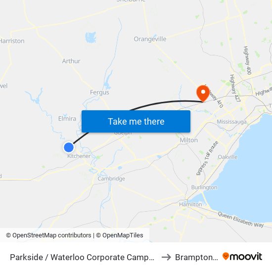 Parkside / Waterloo Corporate Campus - North to Brampton ON map