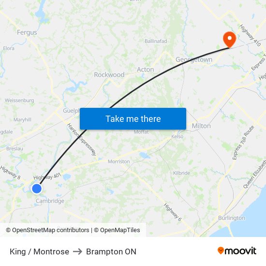 King / Montrose to Brampton ON map