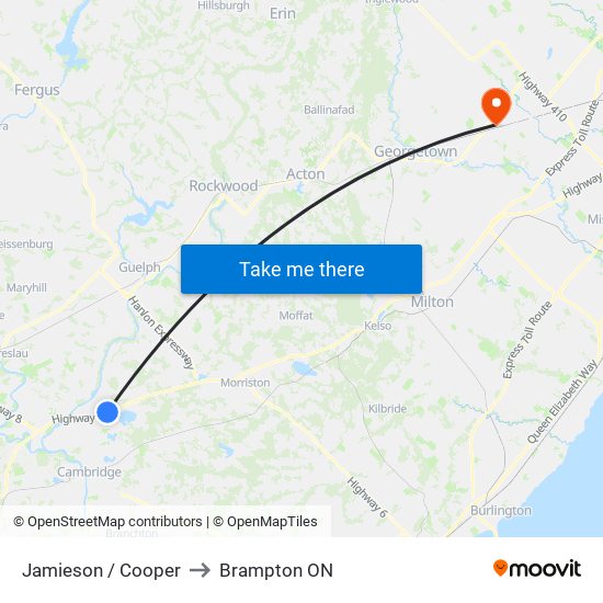 Jamieson / Cooper to Brampton ON map