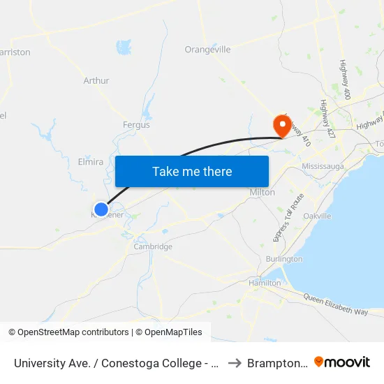 University Ave. / Conestoga College - Waterloo to Brampton ON map