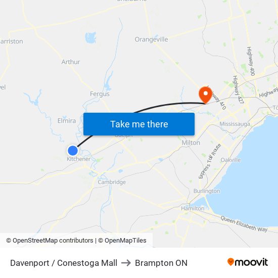 Davenport / Conestoga Mall to Brampton ON map