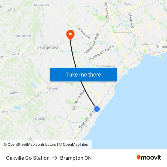 Oakville Go Station to Brampton ON map