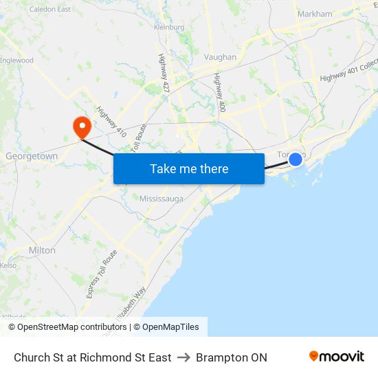 Church St at Richmond St East to Brampton ON map