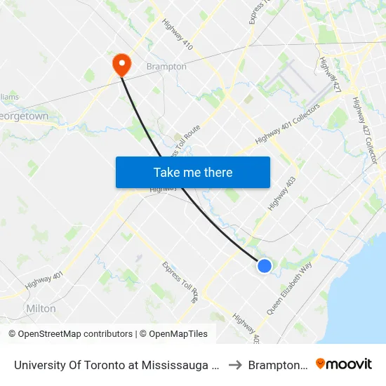 University Of Toronto at Mississauga Campus to Brampton ON map