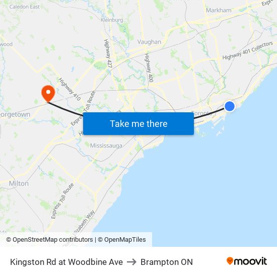 Kingston Rd at Woodbine Ave to Brampton ON map