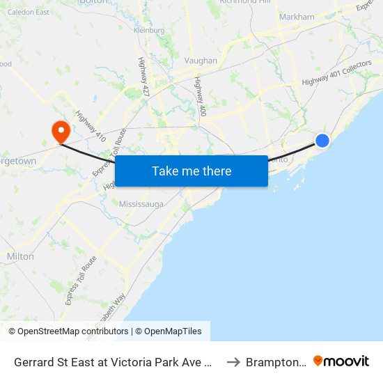 Gerrard St East at Victoria Park Ave West Side to Brampton ON map