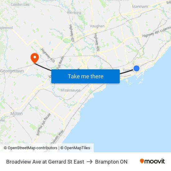 Broadview Ave at Gerrard St East to Brampton ON map