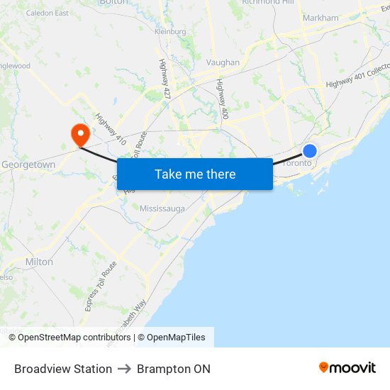 Broadview Station to Brampton ON map