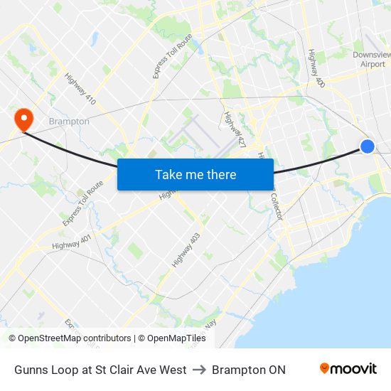 Gunns Loop at St Clair Ave West to Brampton ON map