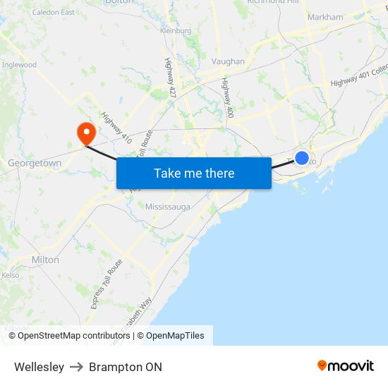 Wellesley to Brampton ON map