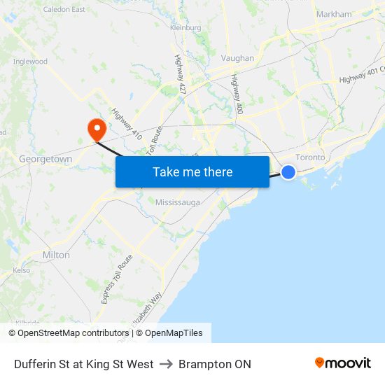 Dufferin St at King St West to Brampton ON map