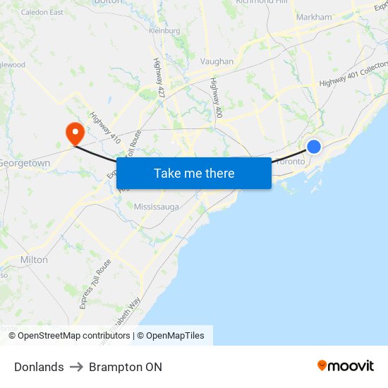 Donlands to Brampton ON map