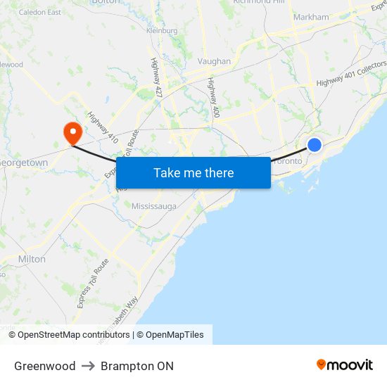 Greenwood to Brampton ON map