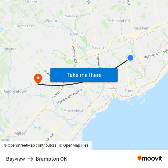 Bayview to Brampton ON map