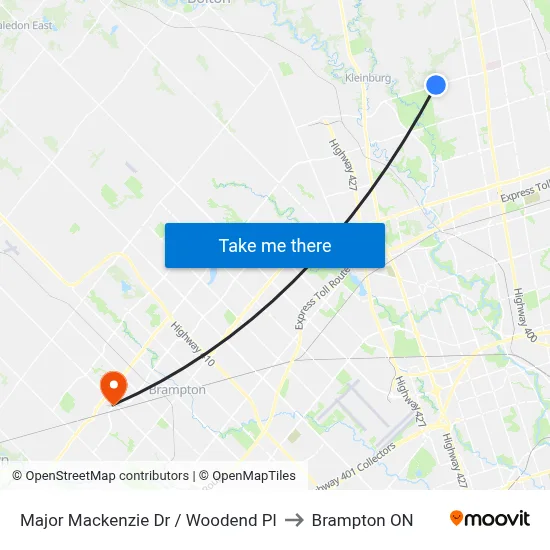 Major Mackenzie Dr / Woodend Pl to Brampton ON map