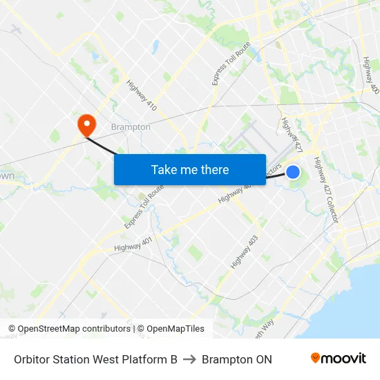 Orbitor Station West Platform B to Brampton ON map