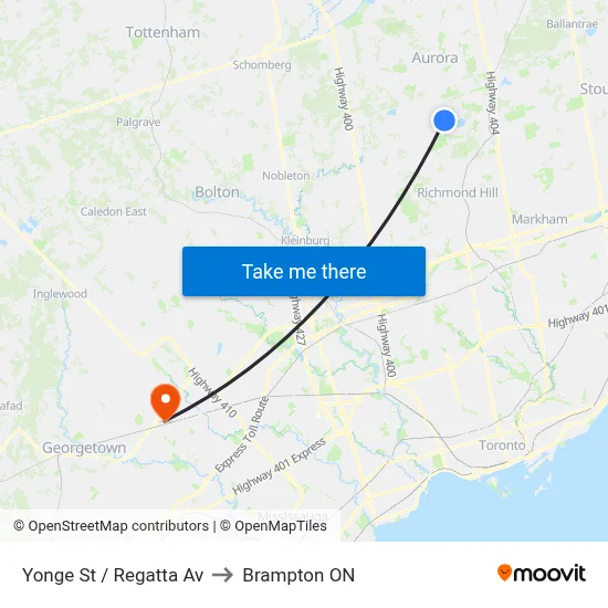 Yonge St / Regatta Av to Brampton ON map