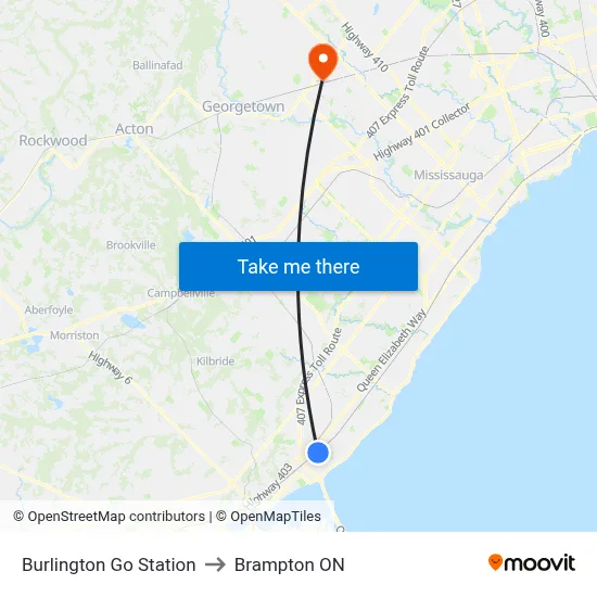 Burlington Go Station to Brampton ON map