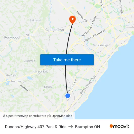 Dundas/Highway 407 Park & Ride to Brampton ON map