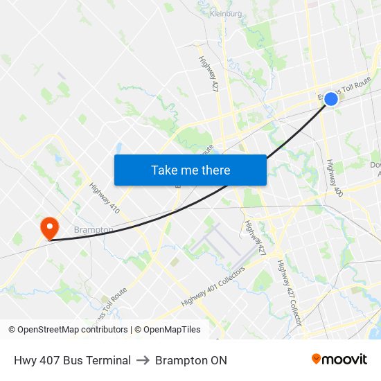 Hwy 407 Bus Terminal to Brampton ON map