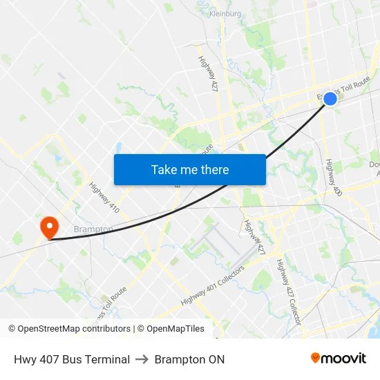 Hwy 407 Bus Terminal to Brampton ON map