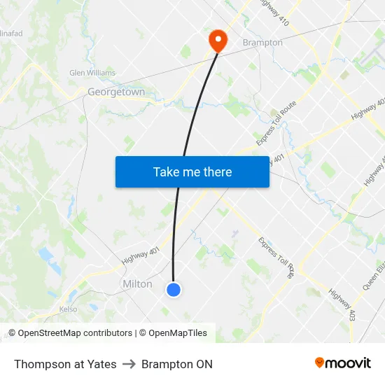 Thompson at Yates to Brampton ON map