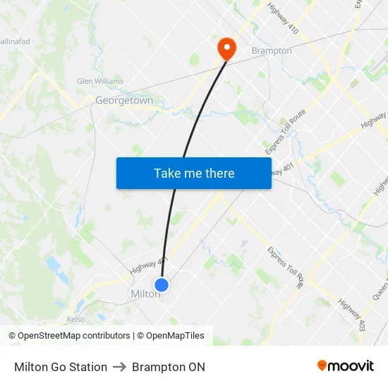 Milton Go Station to Brampton ON map
