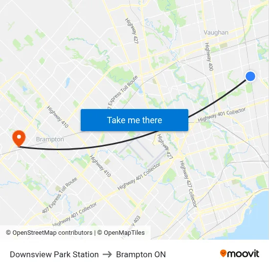 Downsview Park Station to Brampton ON map