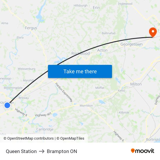 Queen Station to Brampton ON map