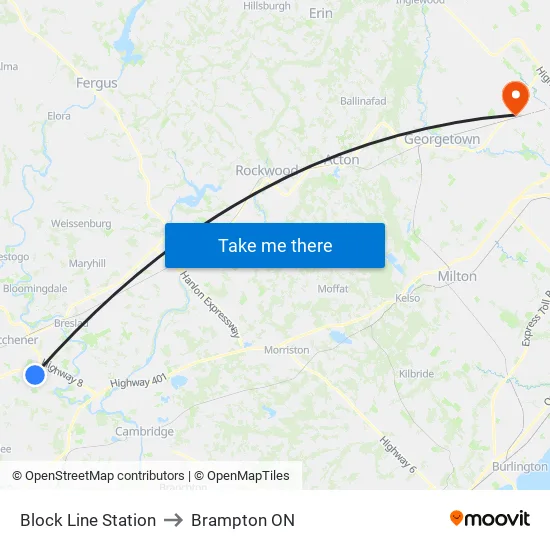 Block Line Station to Brampton ON map