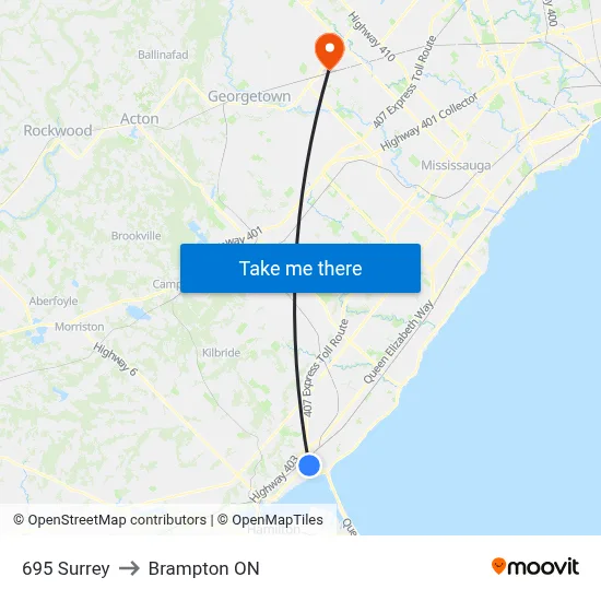 695 Surrey to Brampton ON map