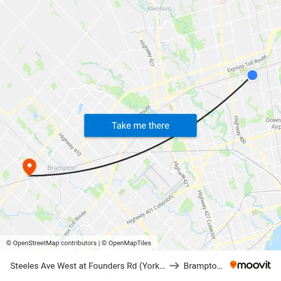 Steeles Ave West at Founders Rd (York University) to Brampton ON map