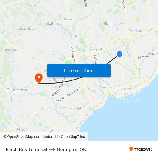 Finch Bus Terminal to Brampton ON map
