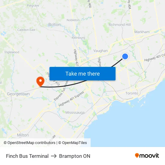 Finch Bus Terminal to Brampton ON map