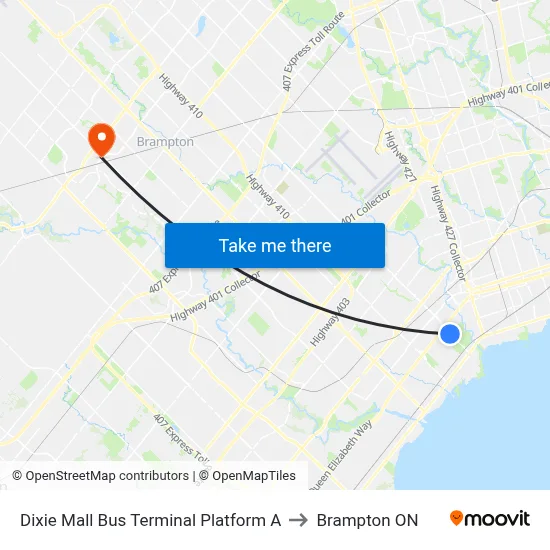 Dixie Mall Bus Terminal Platform A to Brampton ON map