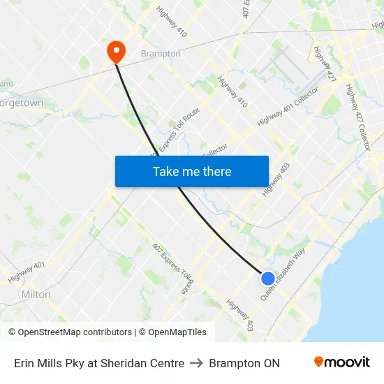 Erin Mills Pky at Sheridan Centre to Brampton ON map