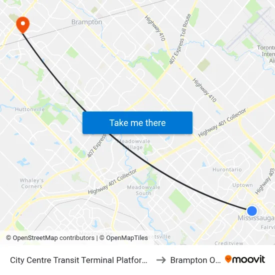 City Centre Transit Terminal Platform I to Brampton ON map