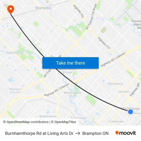 Burnhamthorpe Rd at Living Arts Dr to Brampton ON map