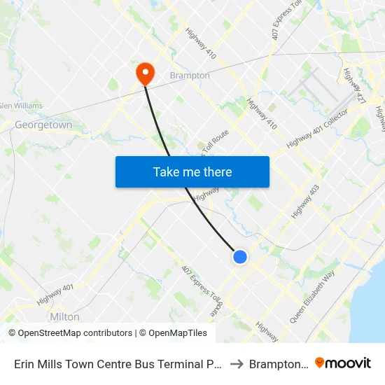 Erin Mills Town Centre Bus Terminal Platform C to Brampton ON map