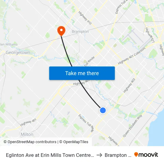Eglinton Ave at Erin Mills Town Centre South to Brampton ON map