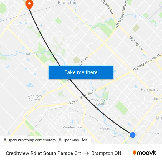 Creditview Rd at South Parade Crt to Brampton ON map